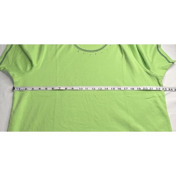 Quacker Factory XL Green Top Navy Blue Trim Rhinestone Studs Around Neck Preowne - Picture 9 of 11